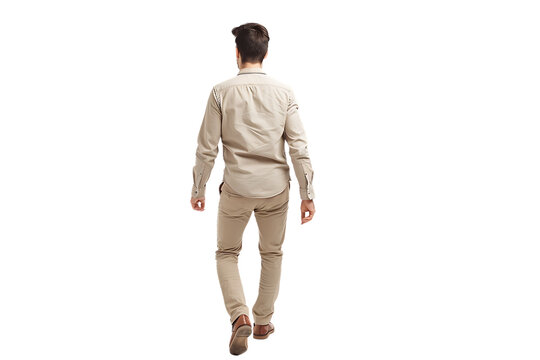 A full-body view of a man walking, depicted from behind and isolated against a white background.






