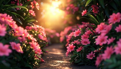 Pink flowers in bloom lined up along a path