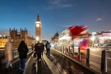 London street scene at night with red bus and Big Ben - 776991727