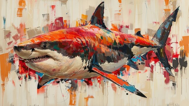 A detailed painting of a great white shark swimming in deep blue ocean waters