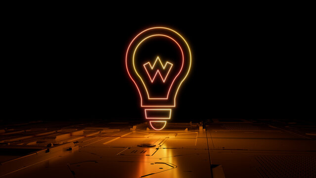 Orange and Yellow Innovation Technology Concept with lightbulb symbol as a neon light. Vibrant colored icon, on a black background with high tech floor. 3D Render