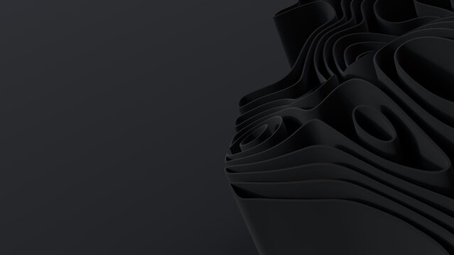 Black 3D Ribbons arranged to create a Dark abstract wallpaper. 3D Render with copy-space. 