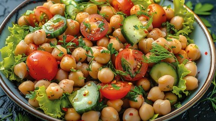 Chickpea salad with tomato, cucumber, olive oil and lettuce, vegan. Generative AI.