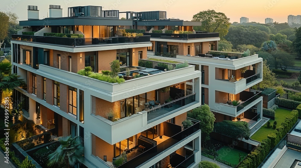 Poster aerial view of a modern new three story apartment complex. generative ai.