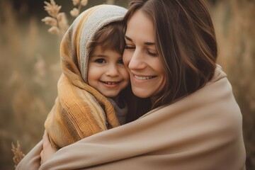 A loving embrace between mother and child, wrapped in a warm shawl with a natural backdrop. - obrazy, fototapety, plakaty