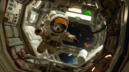 Dog astronaut waring space suite and exploring the undiscovered things in space. closeup view of astronaut dog.