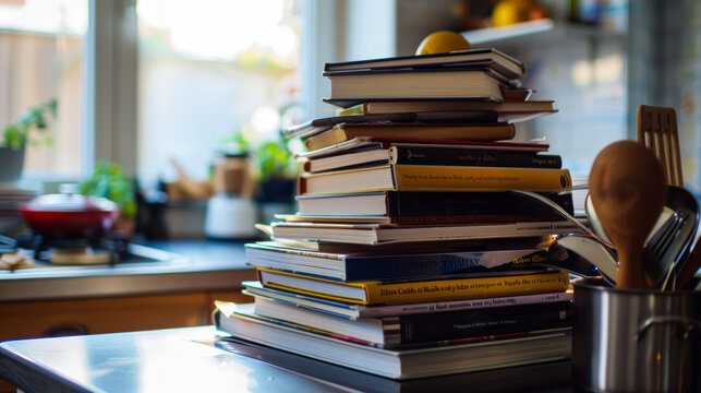 Warm sunlight bathes a diverse pile of books in a home kitchen, suggesting a blend of intellectual pursuit and domestic life