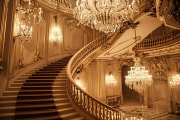 : A staircase with crystal chandeliers hanging from the ceiling