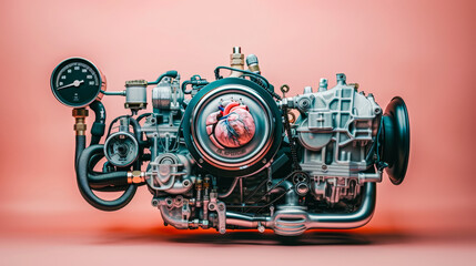 anatomical heart engine, pressure gauge, timing belts, exhaust pipes, turbo, spark plugs