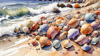 multi-colored seashells on the seashore against the backdrop of the surf. seascape. watercolor illustration
