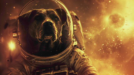 Dog astronaut waring space suite and exploring the undiscovered things in space. closeup view of astronaut dog.