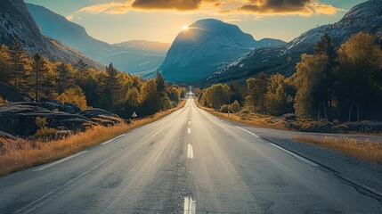 An endless road leading towards the mountain. Generative AI.