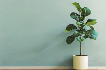 One plant in a white pot against a background of green wallpaper. Free space