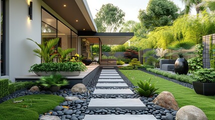 Modern villa with featuring a garden landscape. The garden is portrayed with a simple layout, clean and tidy. Generative AI. - obrazy, fototapety, plakaty