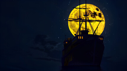 A large ship is silhouetted against a bright yellow moon. The ship is surrounded by a dark blue sky