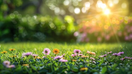 Obraz na płótnie Canvas Sunlit meadow with daisies at dawn