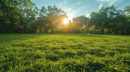 A wide grassy field surrounded by trees, with the sun shining brightly in the sky. Generative AI. - Powered by Adobe
