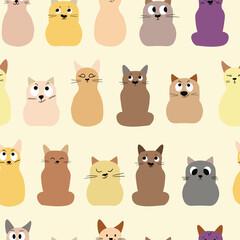 Seamless pattern with cute kitten print. Different scandy cats on color background. Scandinavian style illustration for kids. Vector illustration for fabric, textile, wallpaper, home clothing, pajama