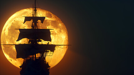 A large ship is silhouetted against a bright yellow moon. The ship is surrounded by a dark blue sky - obrazy, fototapety, plakaty