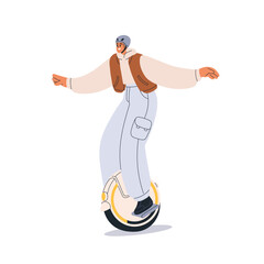 Man riding electric mono wheel, balancing on unicycle. Happy person driving eco-friendly urban transport. Modern guy on mobile monowheel. Flat vector illustration isolated on white background.