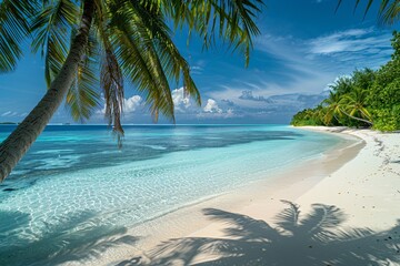 a beach with palm trees and blue water - obrazy, fototapety, plakaty