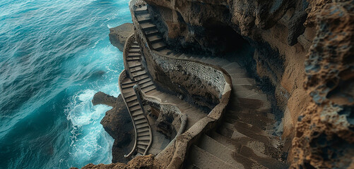 A staircase carved into the side of a cliff, offering breathtaking views of the ocean below