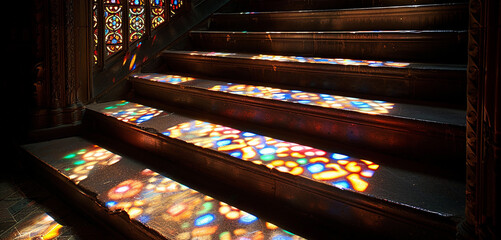 The intricate patterns of light and shadow cast on the steps of a staircase by a stained glass window