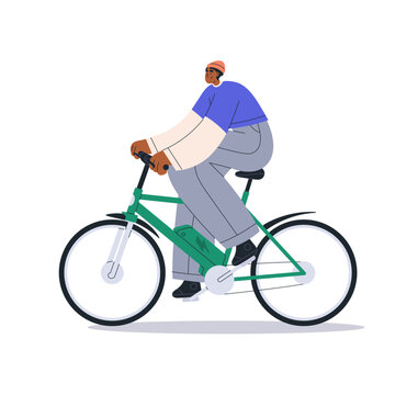 Happy black man cycling, enjoying bicycle travel. Person riding bike, eco-friendly green transport. Young smiling guy cyclist, side view. Flat vector illustration isolated on white background.