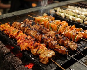 Mouthwatering barbecue with grilled chicken, pork, fish, and vegetables, sizzling enticingly over hot coals - obrazy, fototapety, plakaty