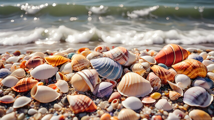 Obraz na płótnie Canvas multi-colored seashells on the seashore against the backdrop of the surf. seascape. illustration