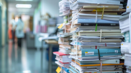 A pile of paperwork stacked in a busy office environment, indicating a large amount of work to be processed