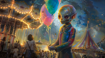 An alien with an intense look, wears a tailored rainbow gradient suit, standing in a carnival, holding pastel fluorescent balloons, alienor, I can't believe how beautiful this is, night sky with stars - obrazy, fototapety, plakaty