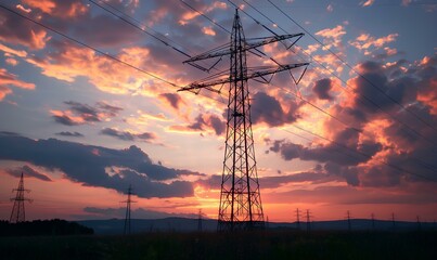 Silhouette of High voltage electric tower on sunset time background. generative AI - obrazy, fototapety, plakaty