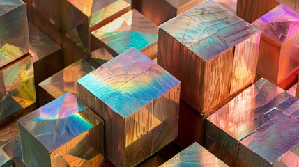 Wooden cubes with holographic patterns create an iridescent display. Background, wallpaper.