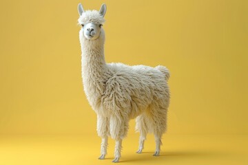 Side view cartoon 3d cute llama has white fur, isolated yellow background