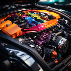 Close-up shot of a modified engine bay with vibrant colors, showcasing power and efficiency enhancements - obrazy, fototapety, plakaty