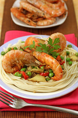Spaghetti, prawns and mushrooms.
