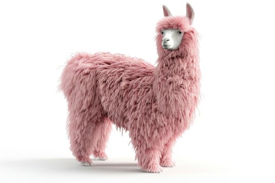 Cute 3d llama cartoon has pink fur, isolated white background