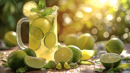 A pitcher of freshly squeezed limeade, garnished with lime wedges and sprigs of mint, Set on a wooden picnic table. Generative AI. - obrazy, fototapety, plakaty