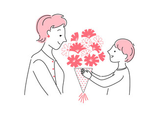 母の日イラスト_花束を渡す男の子 アトリエマユコ