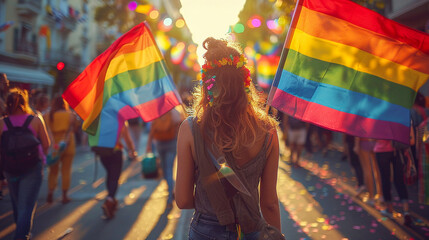 Back view of people with LGBT holding flags parade on the street