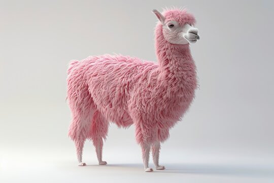 Cute 3d llama cartoon has pink fur, isolated white background
