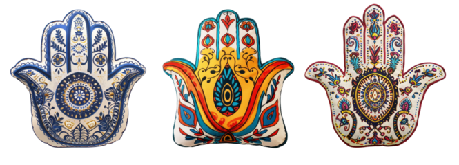 Hamsa hand shaped plush pillows set on transparent background