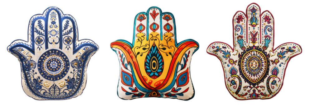 Hamsa hand shaped plush pillows set on transparent background