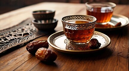 featuring traditional Turkish Arabic tea glasses placed alongside dried dates and spoons, on a rustic wooden table
