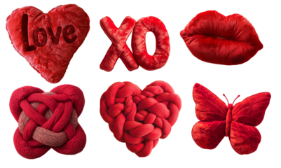 Valentines day plush pillows set on transparent background