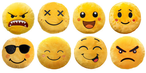 Emoji shaped plush pillows set on transparent background