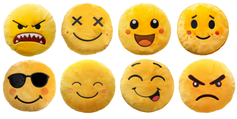 Emoji shaped plush pillows set on transparent background