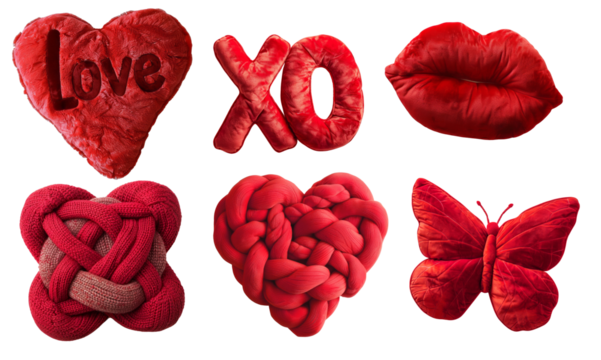 Valentines day plush pillows set on transparent background