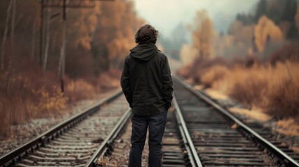A man stands with back to the camera hands in pockets as stares down the tracks. The muted colors and windblown hair . . - obrazy, fototapety, plakaty